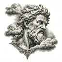 zeus with cloud background and rays with temples tattoo design idea