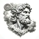zeus with cloud background and rays with temples tattoo design idea