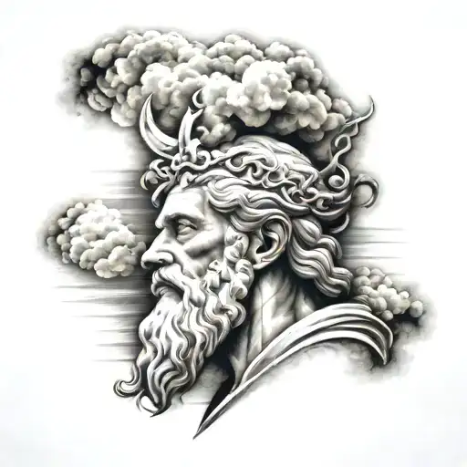 zeus with cloud background and rays with temples tattoo design idea