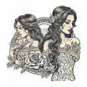 brunette girl with a long wavy hair wearing an eduardian off-shoulder lace dress framed within an oval border tattoo design idea