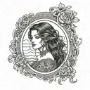 brunette girl with a long wavy hair wearing an eduardian off-shoulder lace dress framed within an oval border tattoo design idea