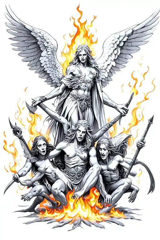 warring angels and demons with souls burning in the fires of hell below tattoo design idea