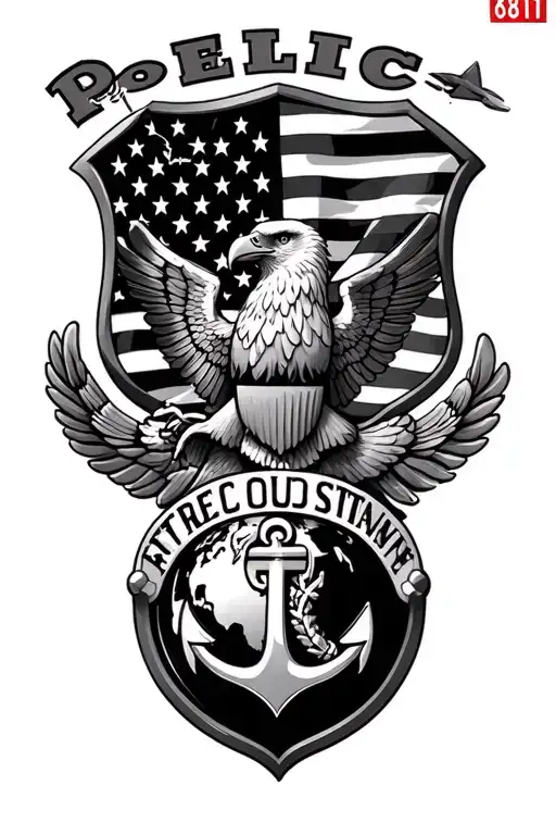 USA Flag, eagle globe and anchor, 5811, police badge tattoo design idea