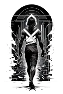 A lean warrior walking uphill through a background of geometric urban chaos toward light. Seen from behind tattoo design idea