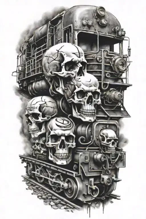evil train tracks with skulls and engine camshafts tattoo design idea