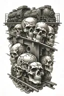 evil train tracks with skulls and engine camshafts tattoo design idea