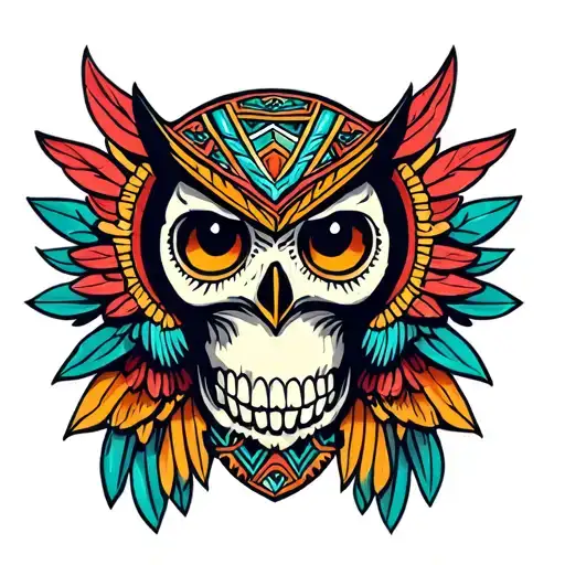 aztec owl perched on skull tattoo design idea