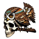 aztec owl perched on skull tattoo design idea