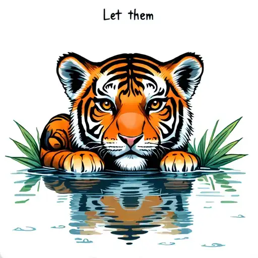 "Let them" tattoo with tiger cub sitting and looking down at reflection in the water tattoo design idea
