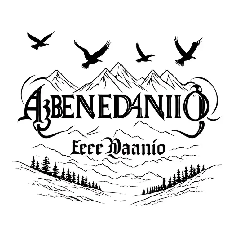 ABENDANIO in old English solid font with mountains in the back with birds tattoo design idea
