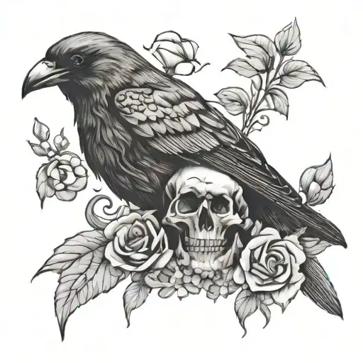 Floral raven skull tattoo design idea
