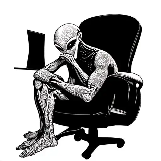 Humanoid extraterrestrial sitting thoughtfully and tired after a work day tattoo design idea