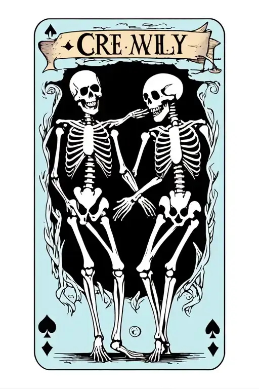 2 dancing skeletons holding hands in tarot card style tattoo design idea