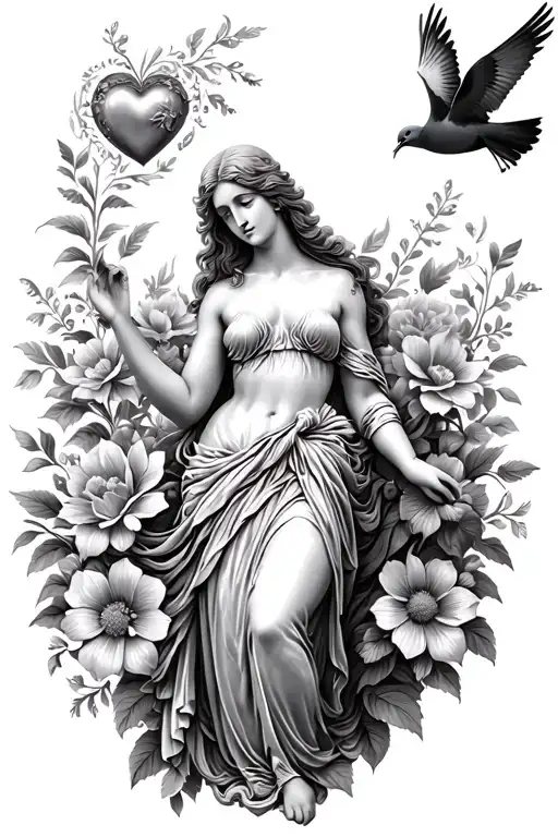 goddess aphrodite with heart, flowers and pigeon flying tattoo design idea