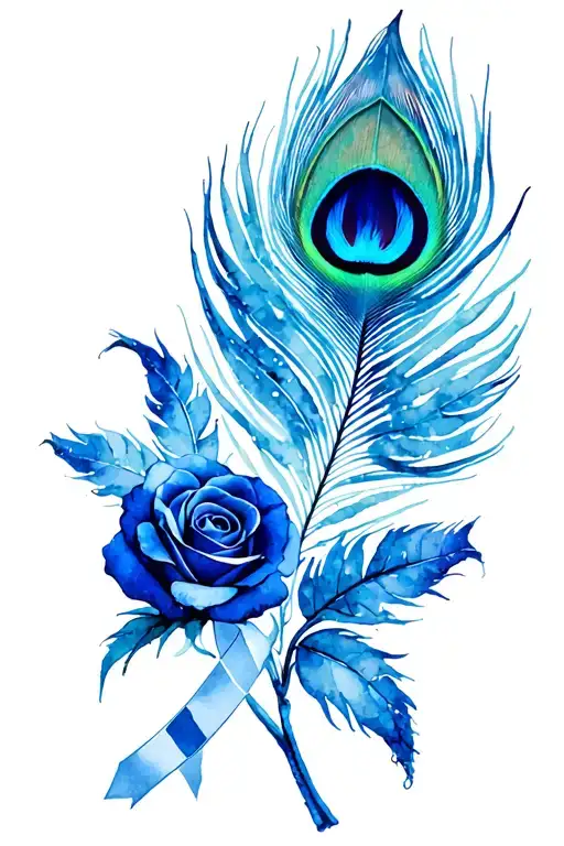 tattered breast cancer ribbon wrapped around a sapphire blue rose and a peacock feather  tattoo design idea
