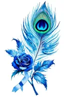 tattered breast cancer ribbon wrapped around a sapphire blue rose and a peacock feather  tattoo design idea