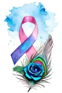 tattered breast cancer ribbon wrapped around a sapphire blue rose and a peacock feather  tattoo design idea
