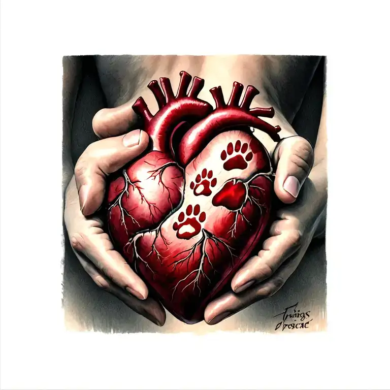 a human heart holding 3 paw prints close ones tattoo design idea