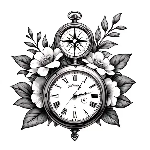 Left arm sleeve with a compass at the top, somehow transitioning to 3 pocket watches surrounded by flowers tattoo design idea