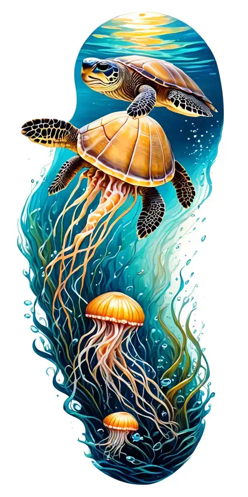 ocean, shells, under water, turtle, jelly fish swimming tattoo design idea