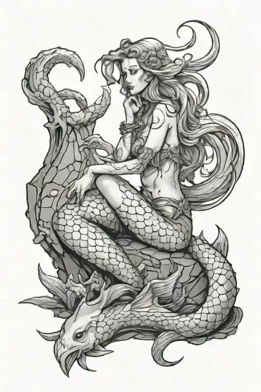 a cursed mermaid sitting on a rock looking at a shipwreak tattoo design idea