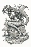 a cursed mermaid sitting on a rock looking at a shipwreak tattoo design idea