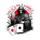 poker cards , grave yard, and the grim reaper mixed in with red in color quote life is a gamble death is a primise tattoo design idea