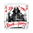poker cards , grave yard, and the grim reaper mixed in with red in color quote life is a gamble death is a primise tattoo design idea