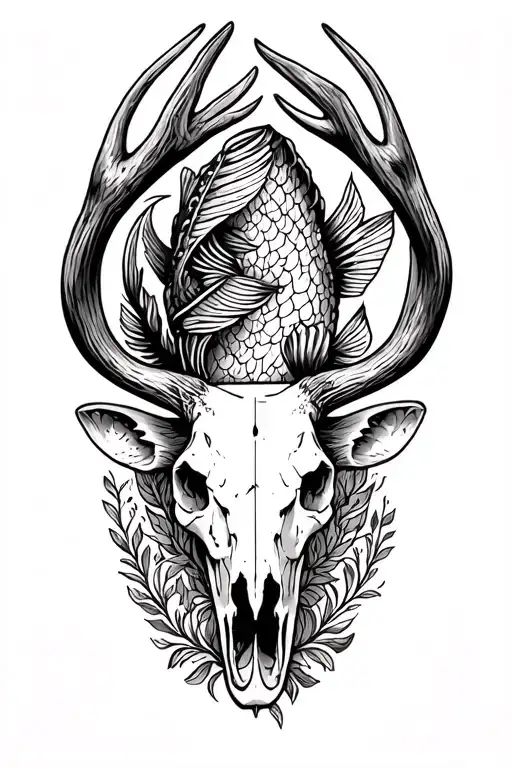 mule deer skull, bull elk skull and fish tattoo design idea