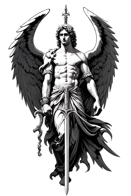 Amazing Arch Angel Michael with big wings holding sword down the middle tattoo design idea
