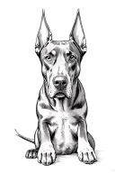 three-headed Doberman, one body, three heads, full-length, whipshading style, black and white tattoo design idea