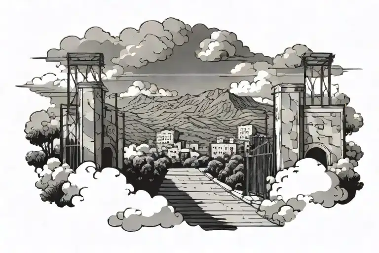 Hollywood sign with clouds surrounding the gates opening tattoo design idea