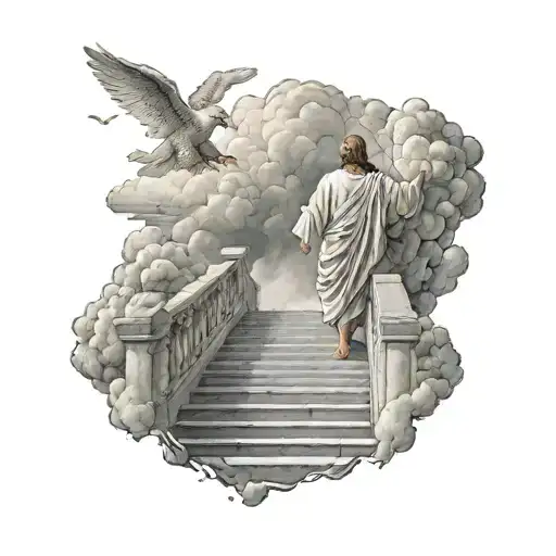 A man walking on stairs going into heaven with clouds and Jesus welcoming him in tattoo design idea