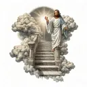 A man walking on stairs going into heaven with clouds and Jesus welcoming him in tattoo design idea
