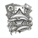 Playing cards with rubiks cube, music production, disc golf, submarine dolphins  tattoo design idea