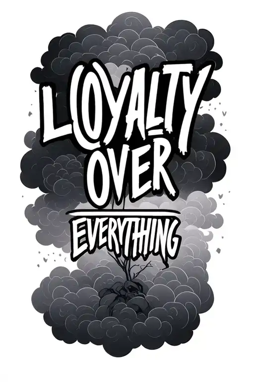 "Loyalty over everything " clouds surrounding, Japanese writing for loyalty on top of it tattoo design idea