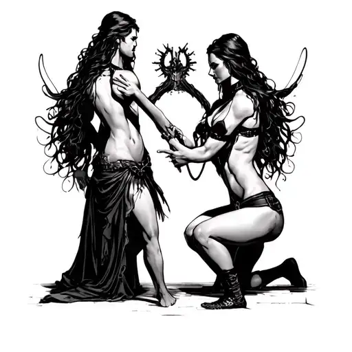 bdsm With a dongeon, whips,collars, s&M scene with man kneeling worshiping at a sexy Goddess feet while she stands. tattoo design idea