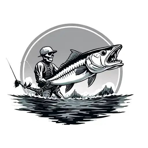 tarpon skeleton jumping out of the water behind a fly fisherman skeleton tattoo design idea