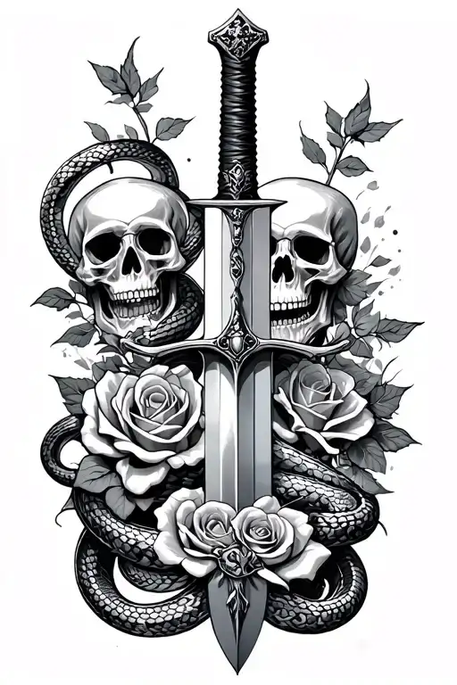 sword straight down, skulls, roses, and a snake wrapped tattoo design idea