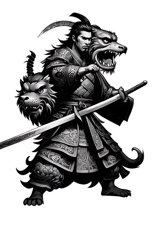 samurai warrior wielding a sword standing next to a foo dog  tattoo design idea