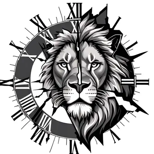 lion face inside broken clock with loyalty comes honor tattoo design idea