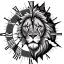lion face inside broken clock with loyalty comes honor tattoo design idea