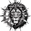 lion face inside broken clock with loyalty comes honor tattoo design idea