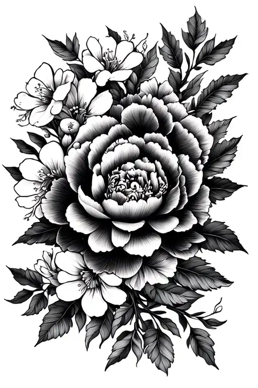 ornamental with peony, cherry blossom and eucalyptyus florals, dainty & fine line tattoo design idea