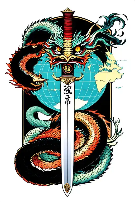 dagger or katana with snake or dragon or the world map tattoo design idea