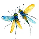 Two fireflies. one with blue light and one with yellow light. tattoo design idea