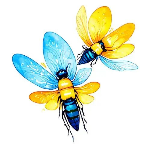Two fireflies. one with blue light and one with yellow light. tattoo design idea