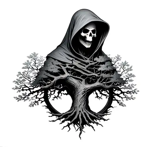 hooded reaper and tree of Life tattoo design idea