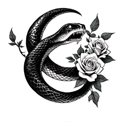 snake wrapped around lower arm sleeve mouth starting in between the thumb and pointer finger, a crescent moon and roses tattoo design idea
