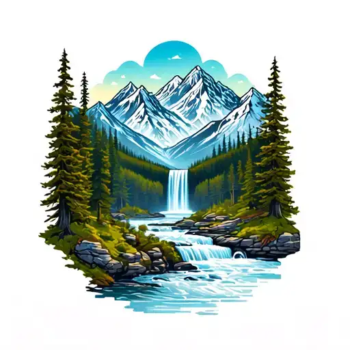 An arm sleeve with snowy mountains at the top, down to a river, with a waterfall, through a forest down to the hand with tattoo design idea